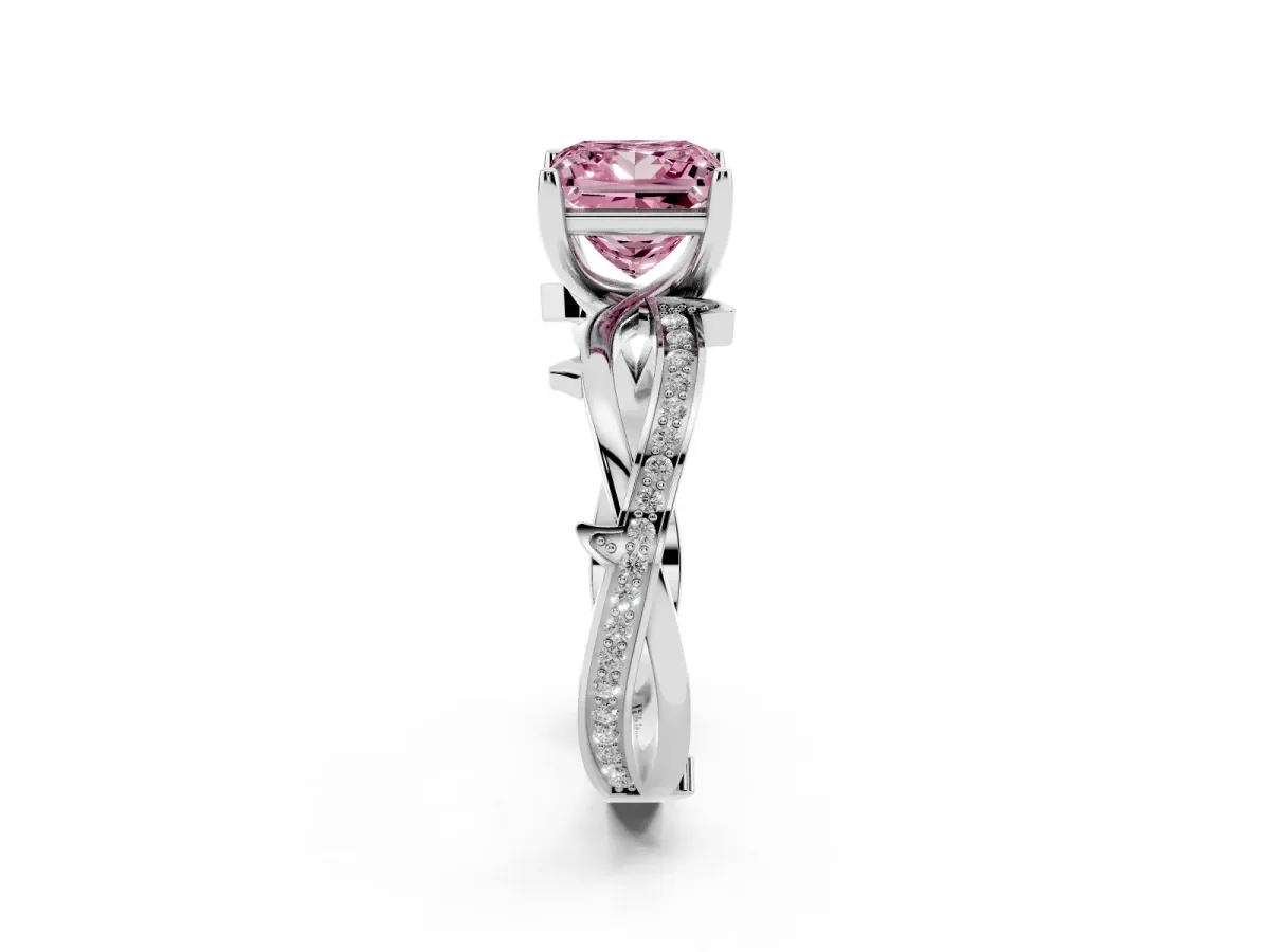 Fancy Pink Princess Cut Solitaire Twist Band with Pavé Accents and Four-Prong Setting White gold