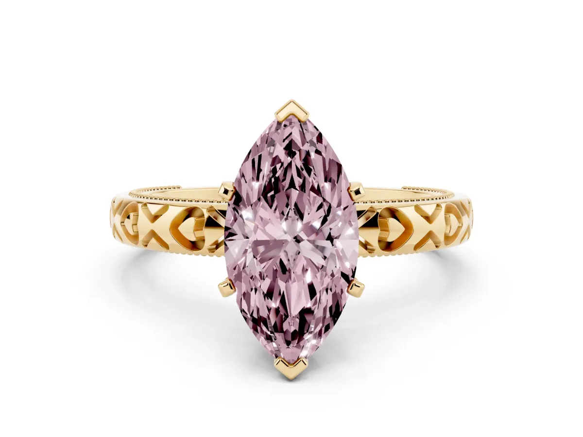 Fancy Pink Marquise Cut Solitaire Diamond Engagement Ring with XO Engraved Band and Four-Prong Setting Yellow gold