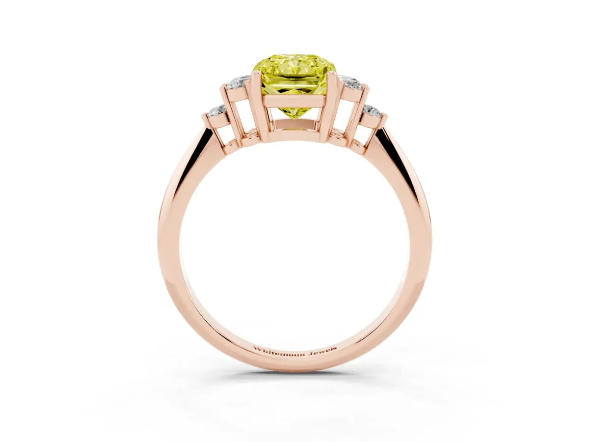 Fancy Yellow Radiant Cut Cut Diamond Cluster Ring with Solitaire Band and Four-Prong Setting Rose gold