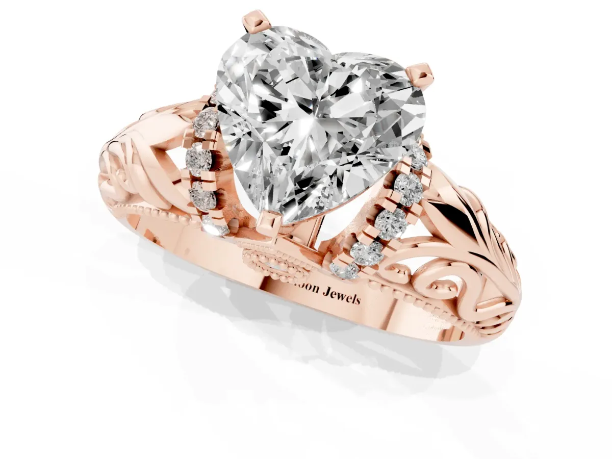Heart Cut Solitaire Filigree Engagement Ring with Halo and Prong Setting Rose gold