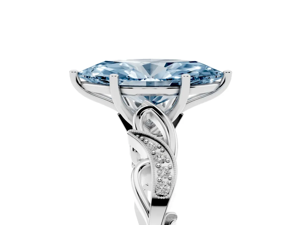 Fancy Blue Marquise Cut Solitaire Vine Band with Milgrain Prong Setting Platinum