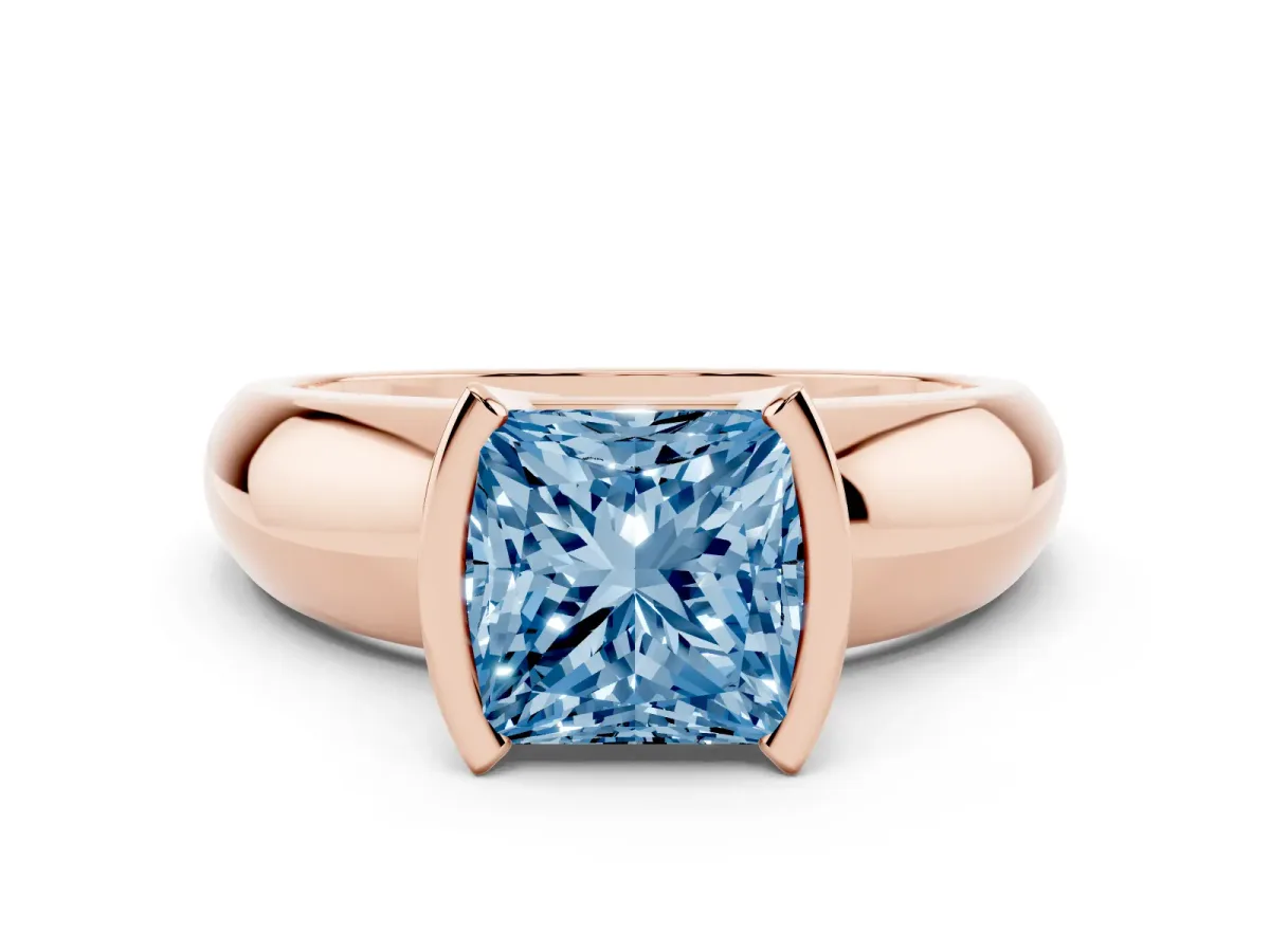 Fancy Blue Princess Cut Solitaire Tension Set Diamond Ring with Wide Band Rose gold