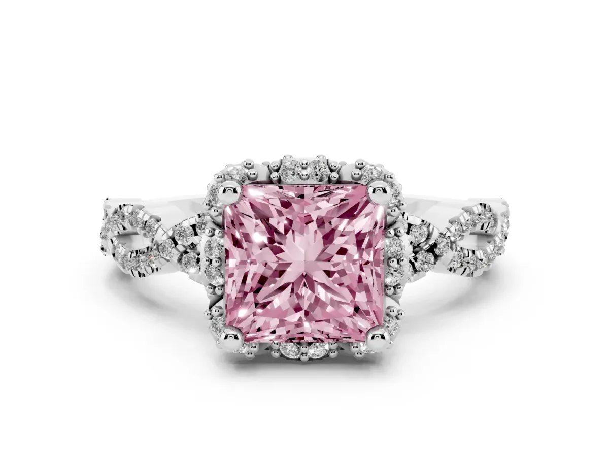 Fancy Pink Princess Cut Halo Twist Band Solitaire Ring with Six-Prong Setting Silver