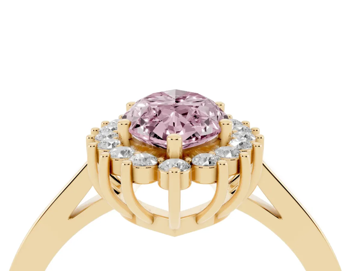 Fancy Pink Marquise Cut Cut Diamond Halo Ring with Round Brilliant Halo and Solitaire Band Yellow gold