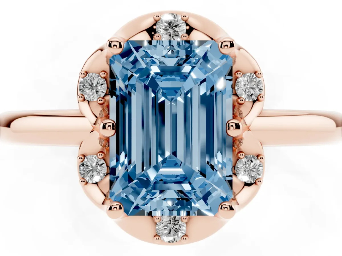 Fancy Blue Emerald Cut Halo Diamond Ring with Round Cluster Setting, Solitaire Band, and Four-Prong Setting Rose gold