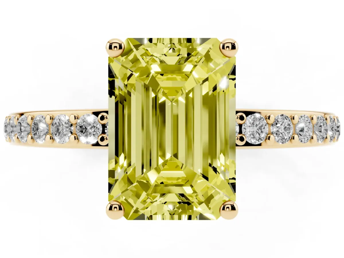 Fancy Yellow Emerald Cut Cut Diamond Pavé Band Ring with Four-Prong Setting Yellow gold
