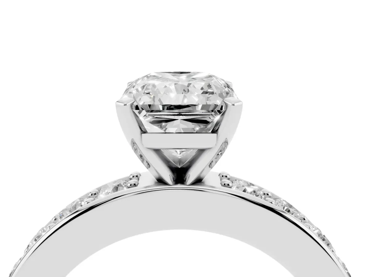 Radiant Cut Diamond Engagement Ring with Channel Set Round Band and Prong Setting Silver