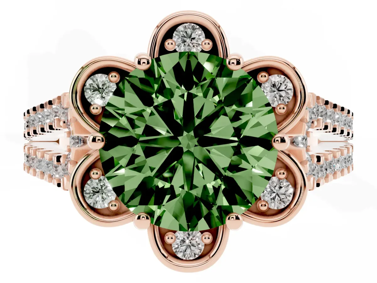 Fancy Green Round Cut Halo Diamond Floral Split Shank Engagement Ring Rose gold