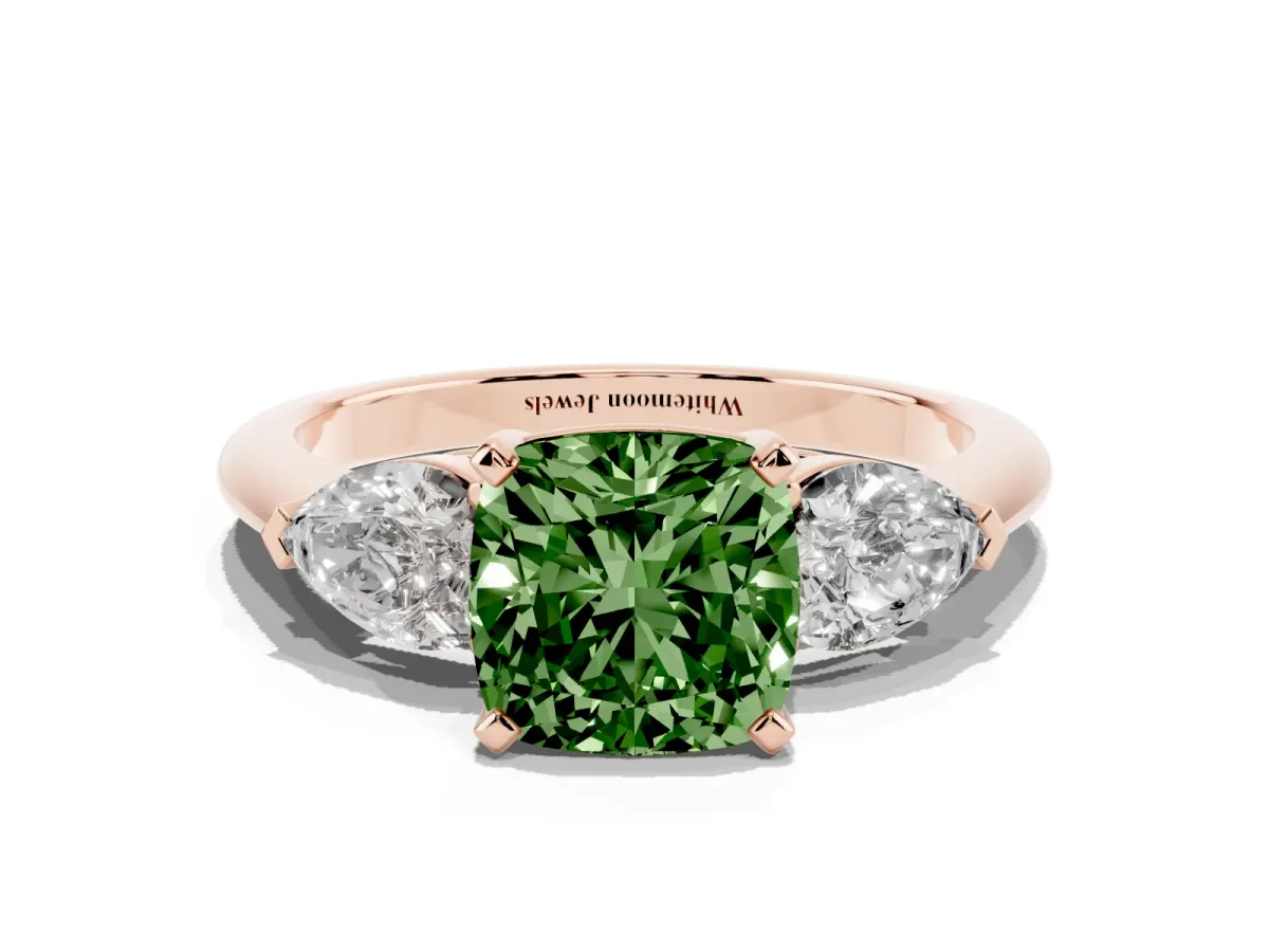 Fancy Green Three-Stone Cushion Cut Diamond Ring with Pear Side Stones and Four-Prong Setting Rose gold