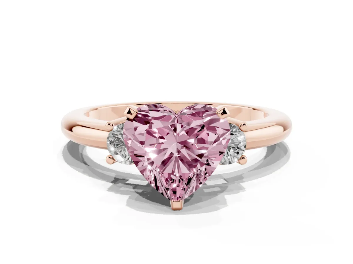 Fancy Pink Three-Stone Heart Cut Cut Diamond Solitaire with Prong Setting and Classic Band Rose gold