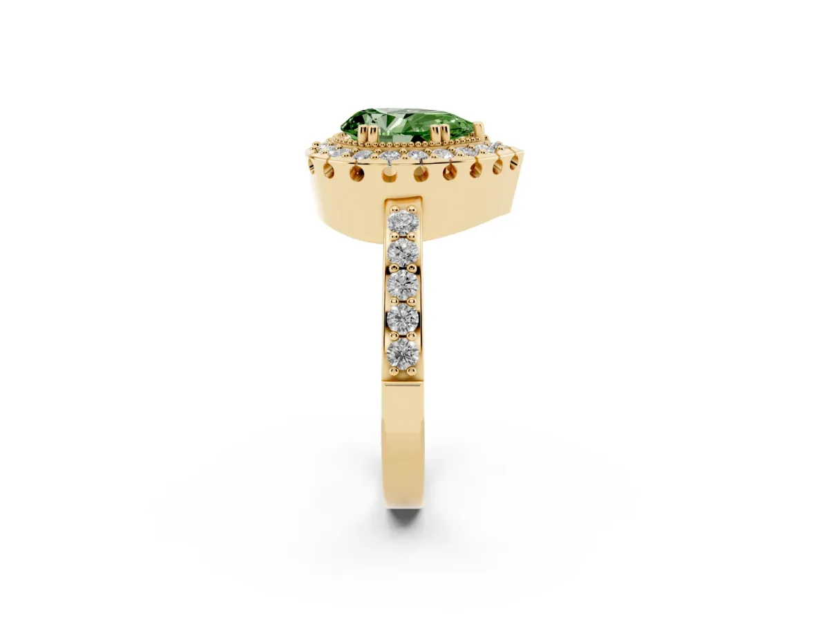 Fancy Green Pear Cut Diamond Halo Ring with Pavé Band and Prong Setting Yellow gold
