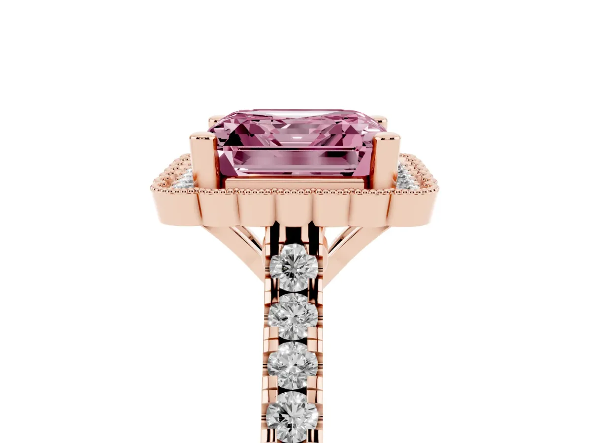 Fancy Pink Asscher Cut Cut Diamond Milgrain Floral Halo Engagement Ring with Pavé Band Rose gold