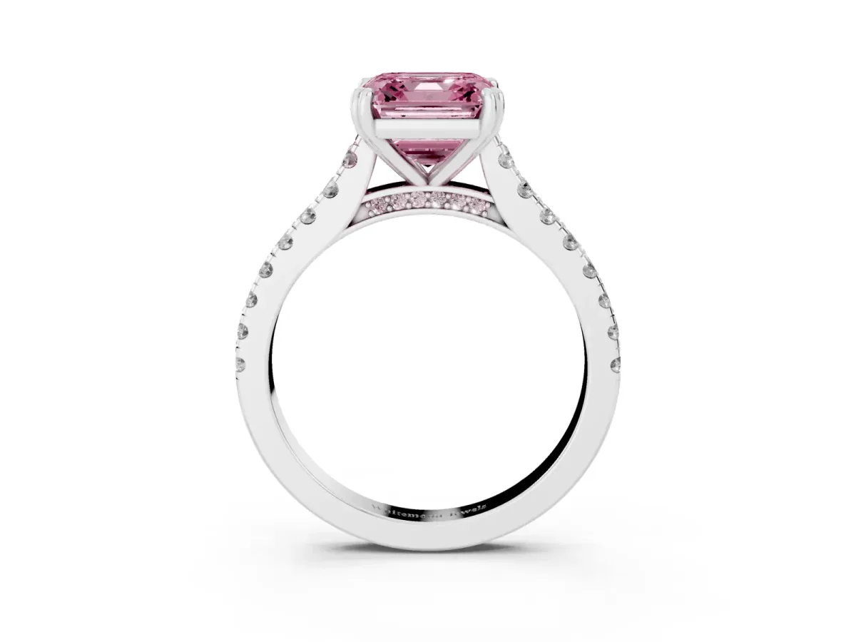 Fancy Pink Asscher Cut Solitaire Pave Diamond Engagement Ring with Prong Setting Silver