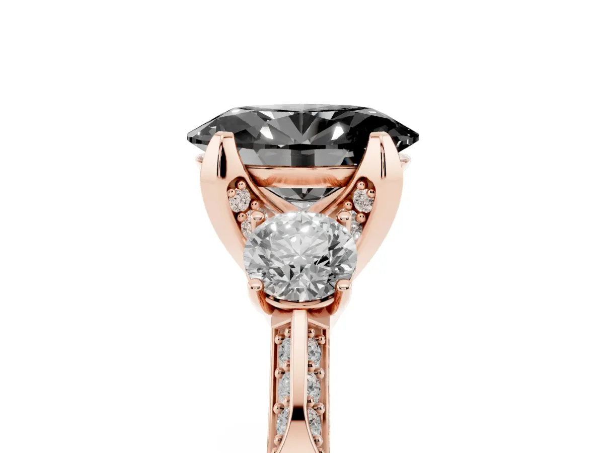 Fancy Black Oval Cut Brilliant Three-Stone Diamond Ring with Pavé Band and Four-Prong Setting Rose gold
