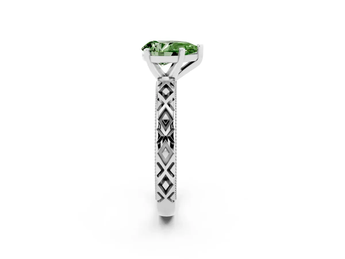 Fancy Green Pear Cut Solitaire Diamond Ring with Milgrain and Black Enamel X Pattern Band Silver