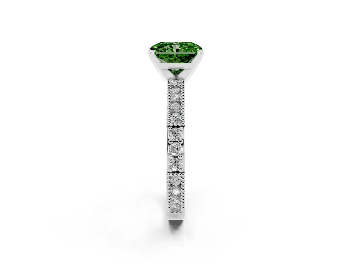 Fancy Green Radiant Cut Solitaire with Pavé Band and Four-Prong Setting Silver