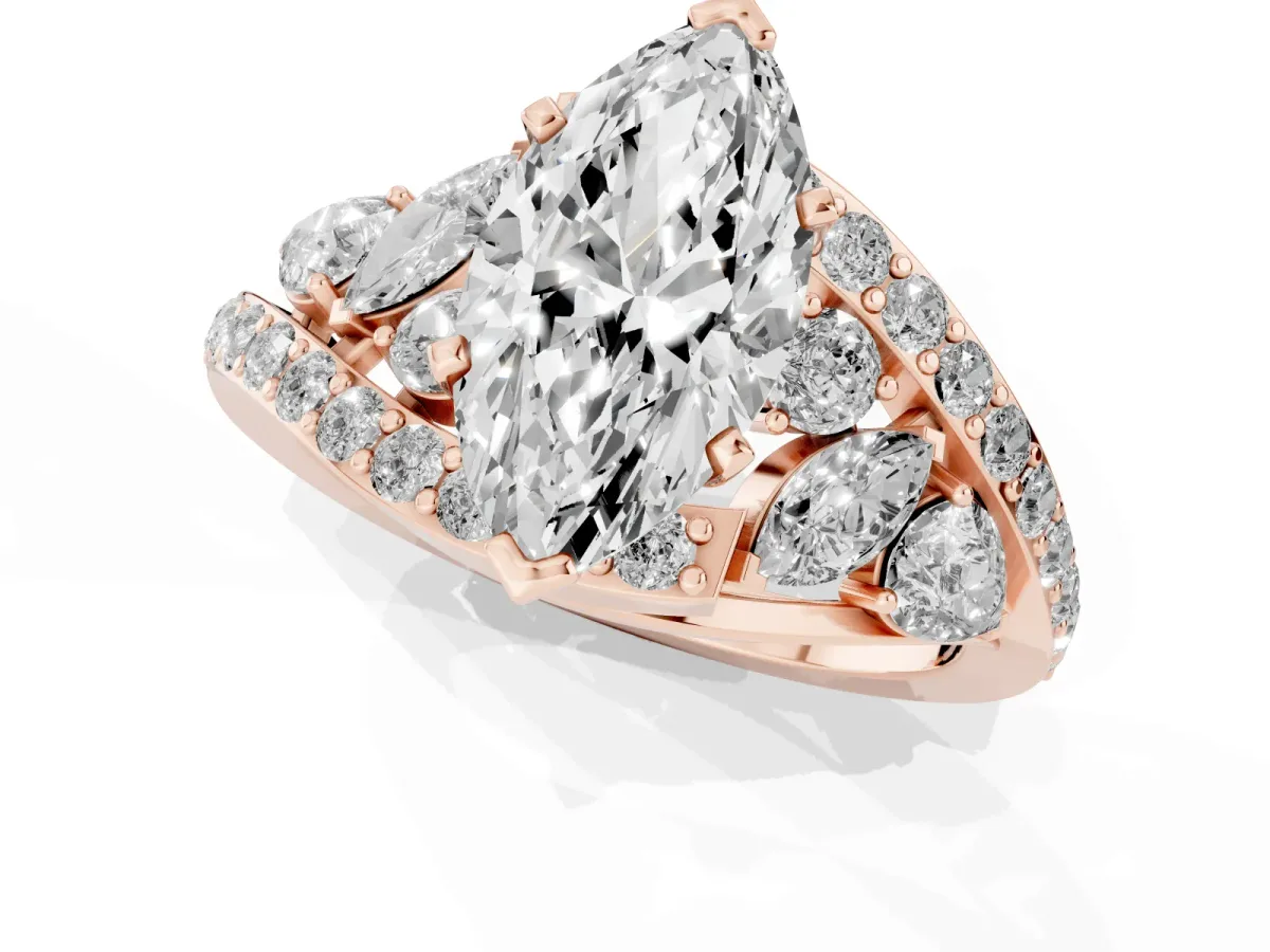 Marquise Cut Diamond Halo Ring with Marquise and Pavé Band in Prong Setting Rose gold