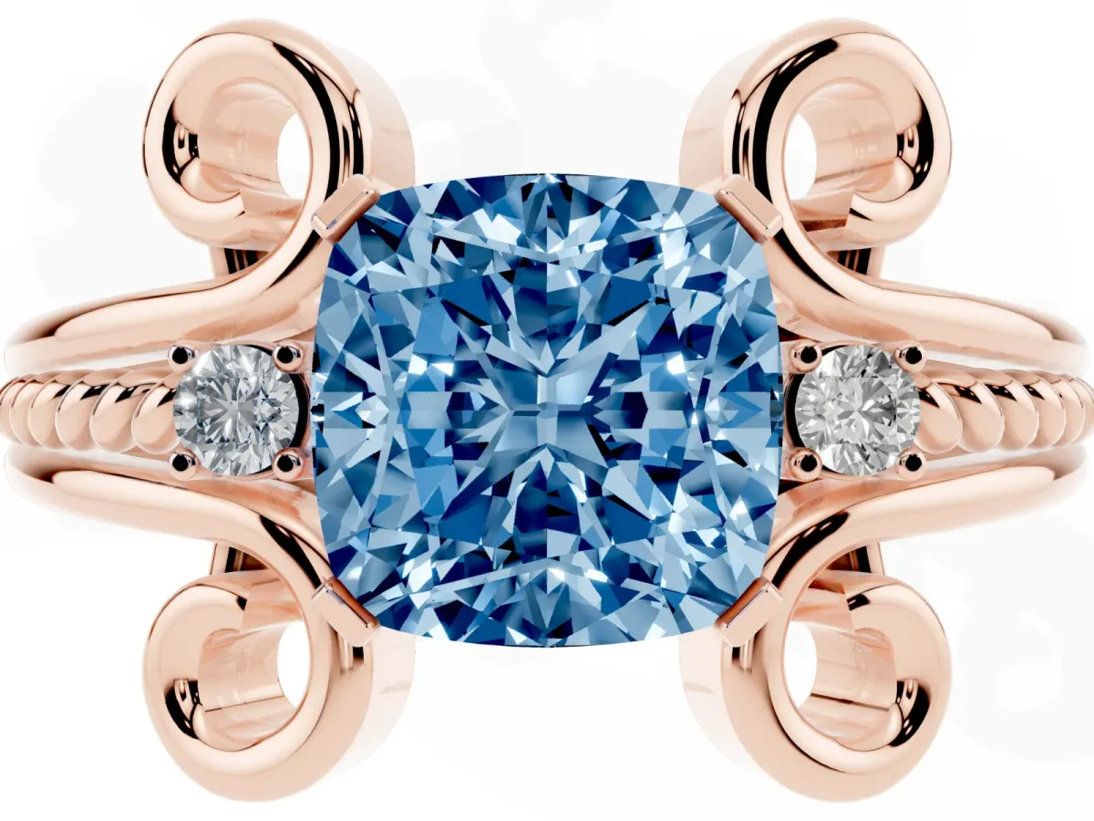 Fancy Blue Cushion Cut Solitaire Twisted Band Scroll Prong Ring Rose gold