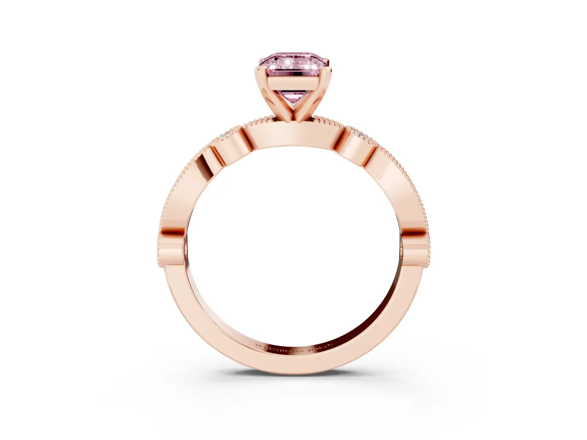Fancy Pink Emerald Cut Milgrain Bezel Diamond Engagement Ring with Solitaire Prong Setting Rose gold