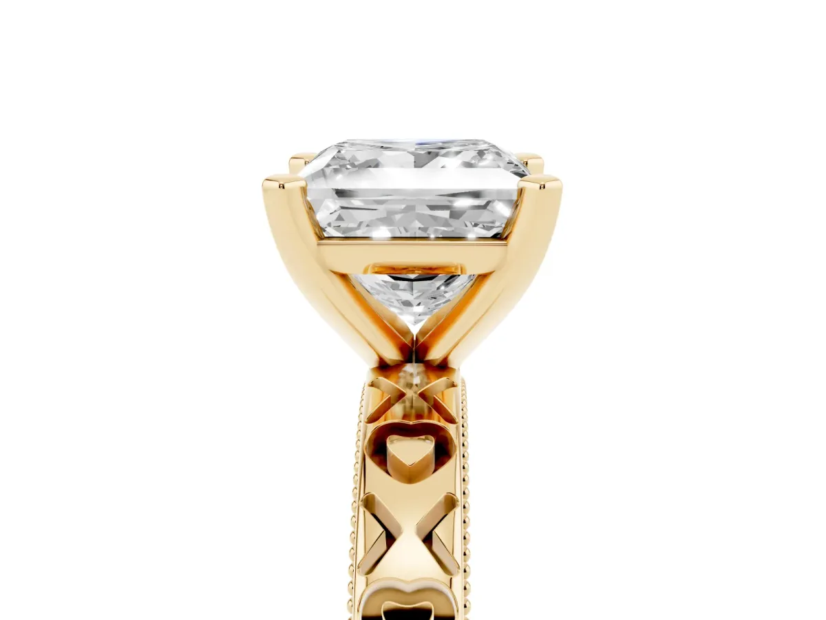 Princess Cut Solitaire Diamond Engagement Ring with XO Engraved Band and Four-Prong Setting Yellow gold