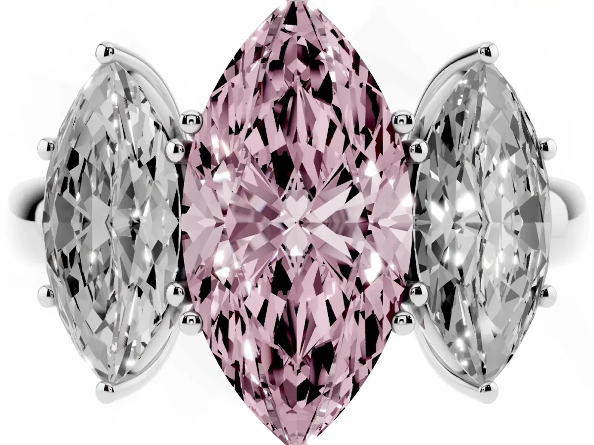 Fancy Pink Marquise Cut Diamond Three-Stone Ring with Four-Prong Setting and Classic Band Silver