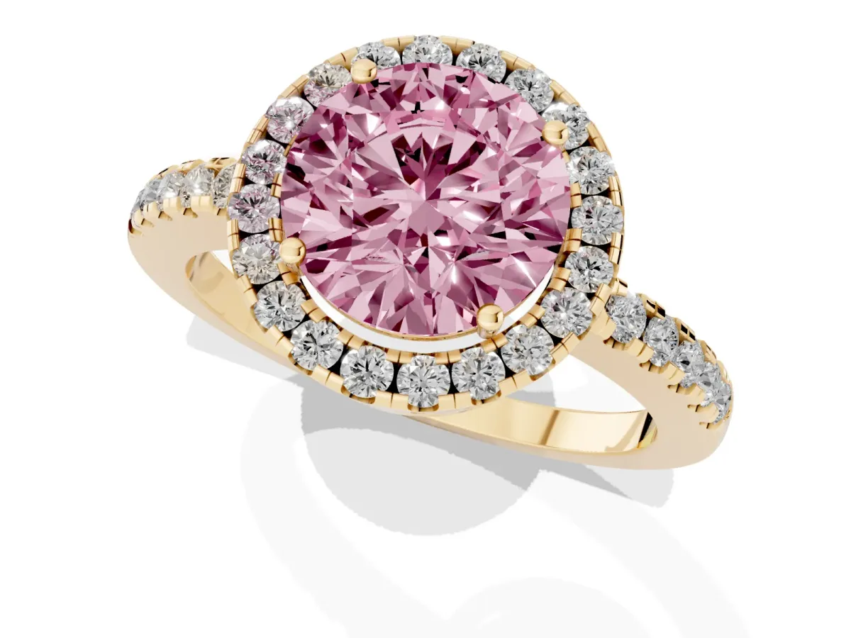 Fancy Pink Round Cut Halo Diamond Engagement Ring with Pavé Band and Four-Prong Setting Yellow gold