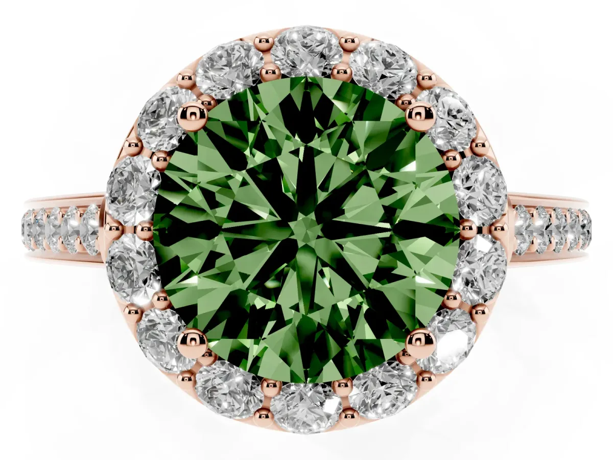 Fancy Green Round Cut Diamond Floral Halo Ring with Pavé Band and Prong Setting Rose gold