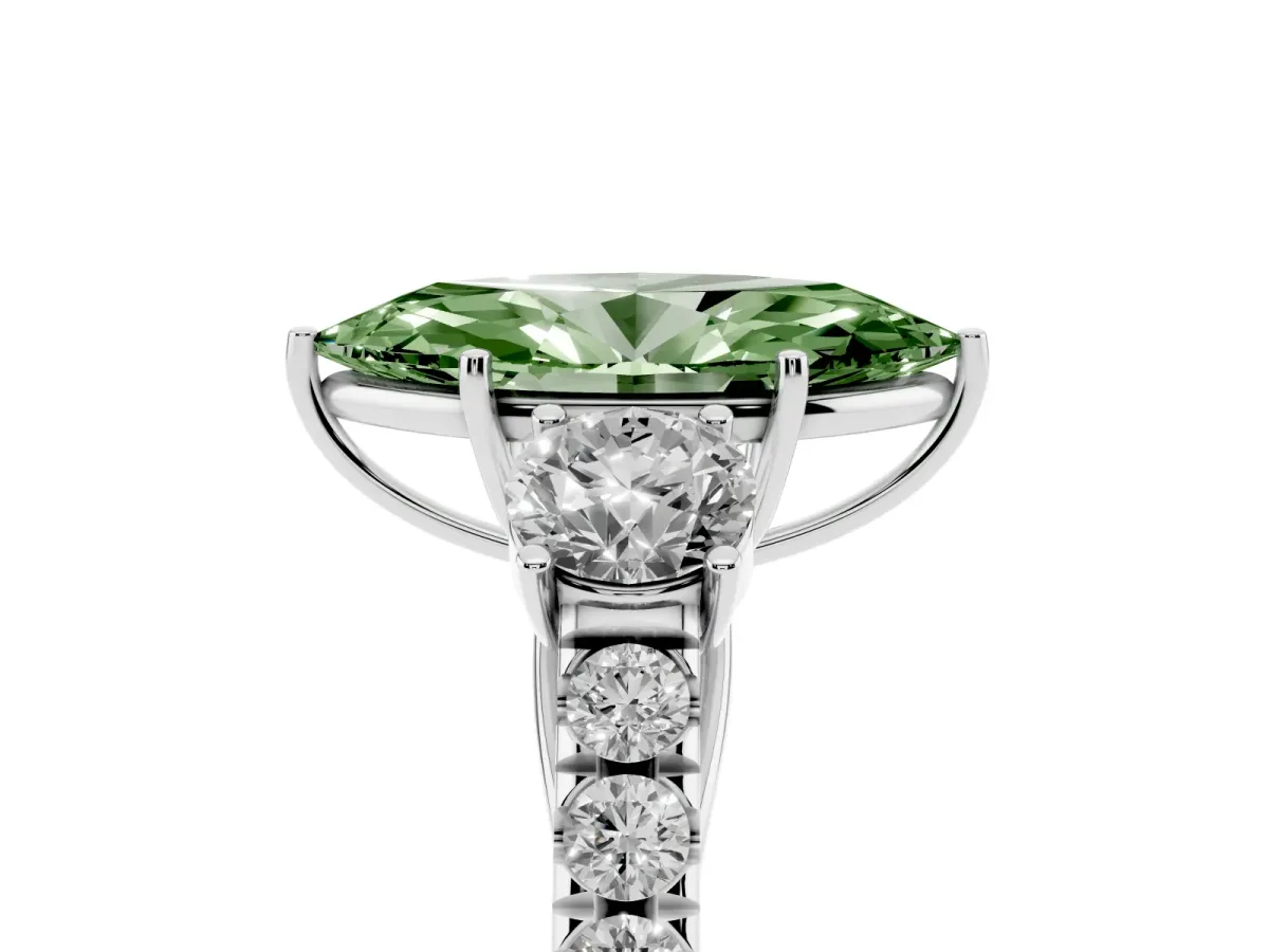 Fancy Green Marquise Cut Cut Diamond Three-Stone Ring with Round Side Stones and Pavé Band Silver
