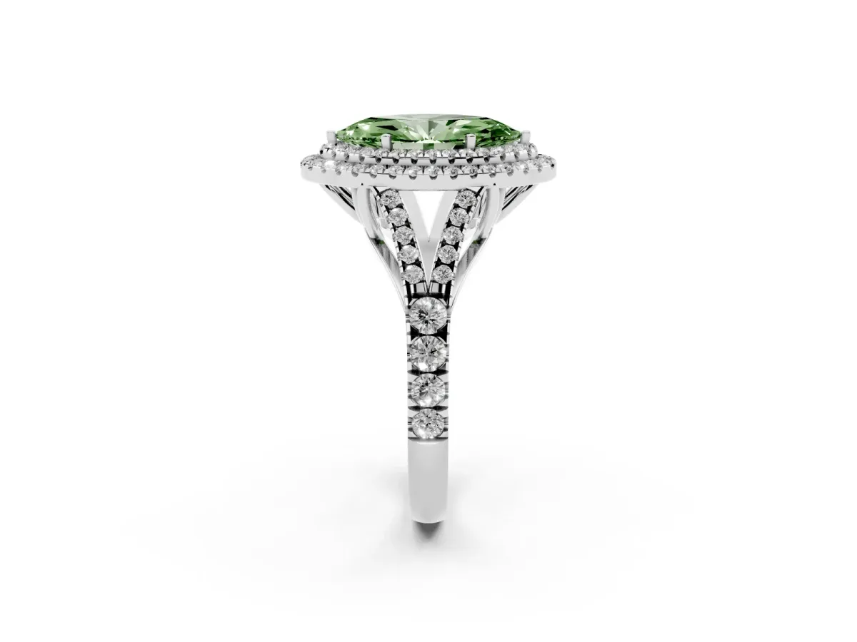 Fancy Green Marquise Cut Diamond Pavé Split Shank Double Halo Engagement Ring Silver