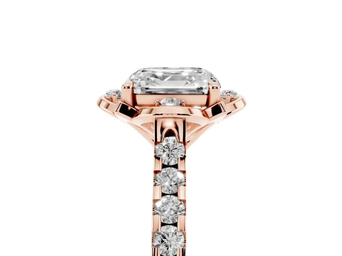 Asscher Cut Diamond Ring with Pavé Band and Floral Prong Setting Rose gold