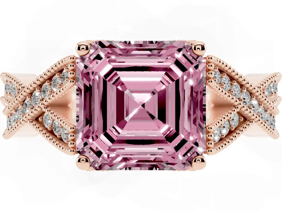Fancy Pink Asscher Cut Cut Diamond Twisted Band with Milgrain Pave Setting and Four-Prong Setting Rose gold