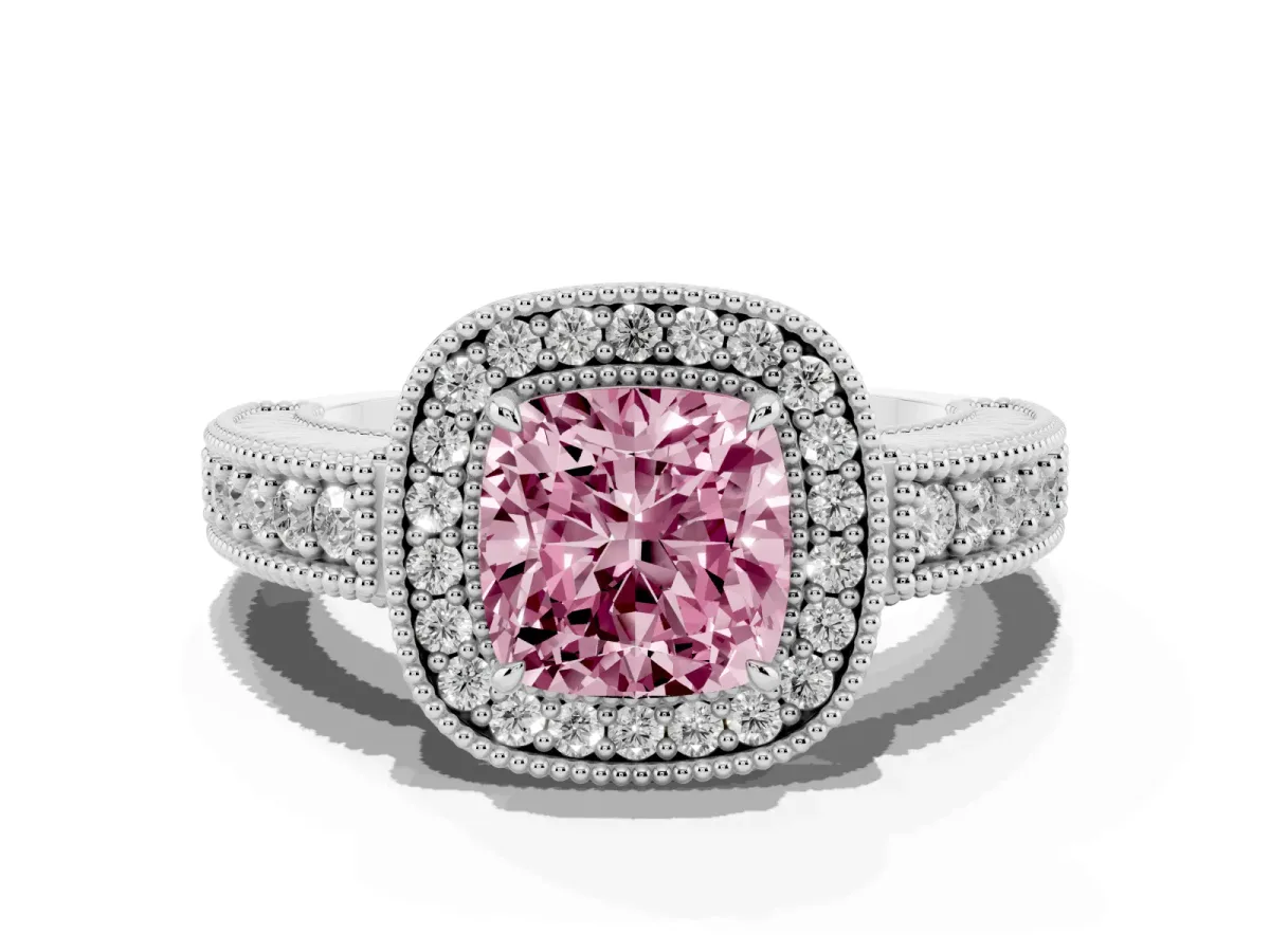 Fancy Pink Cushion Cut Cut Halo Diamond Ring with Pavé Band and Four-Prong Setting Platinum