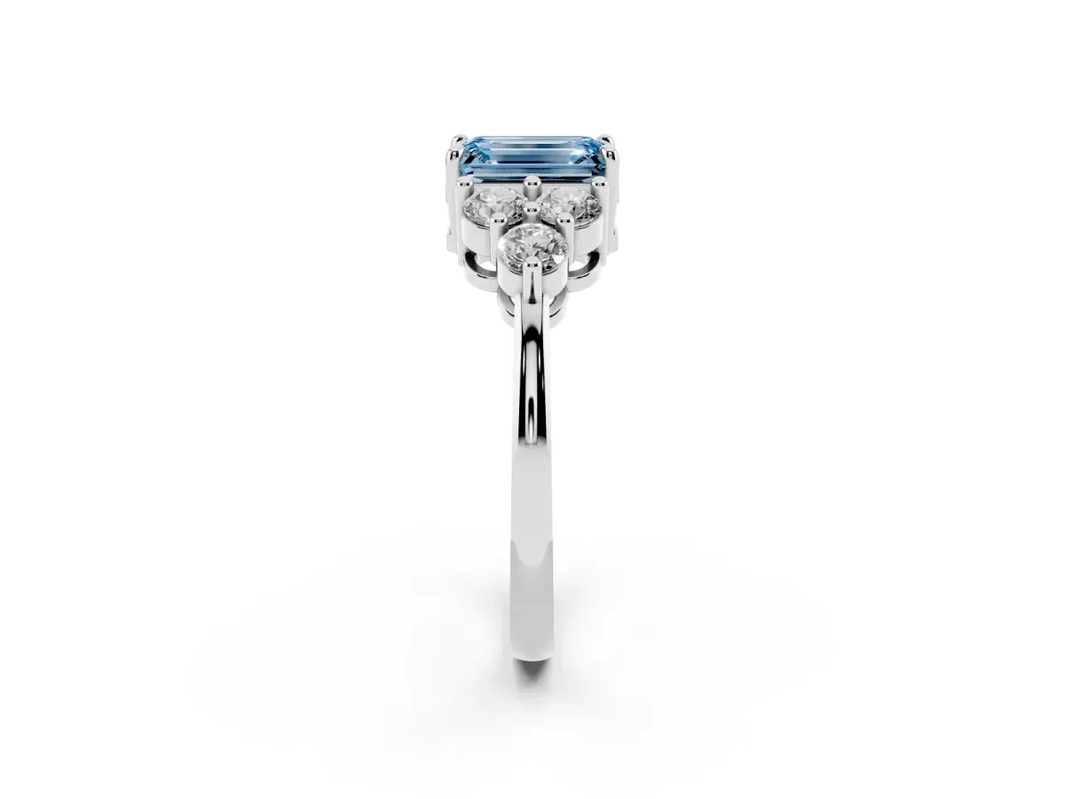 Fancy Blue Emerald Cut Brilliant Diamond Cluster Accent Solitaire Ring with Prong Setting White gold