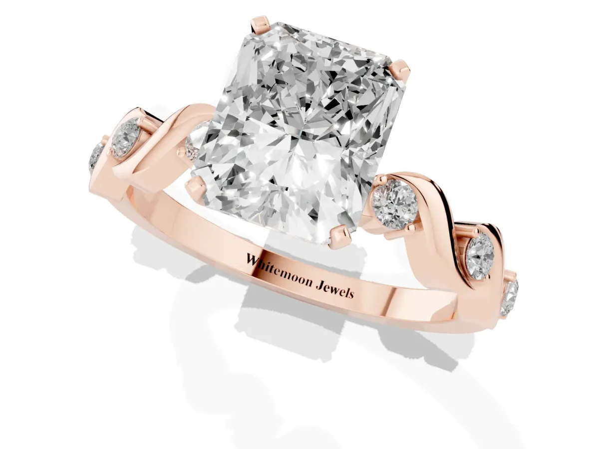 Radiant Cut Diamond Solitaire Twisted Band with Round Accents and Prong Setting Rose gold