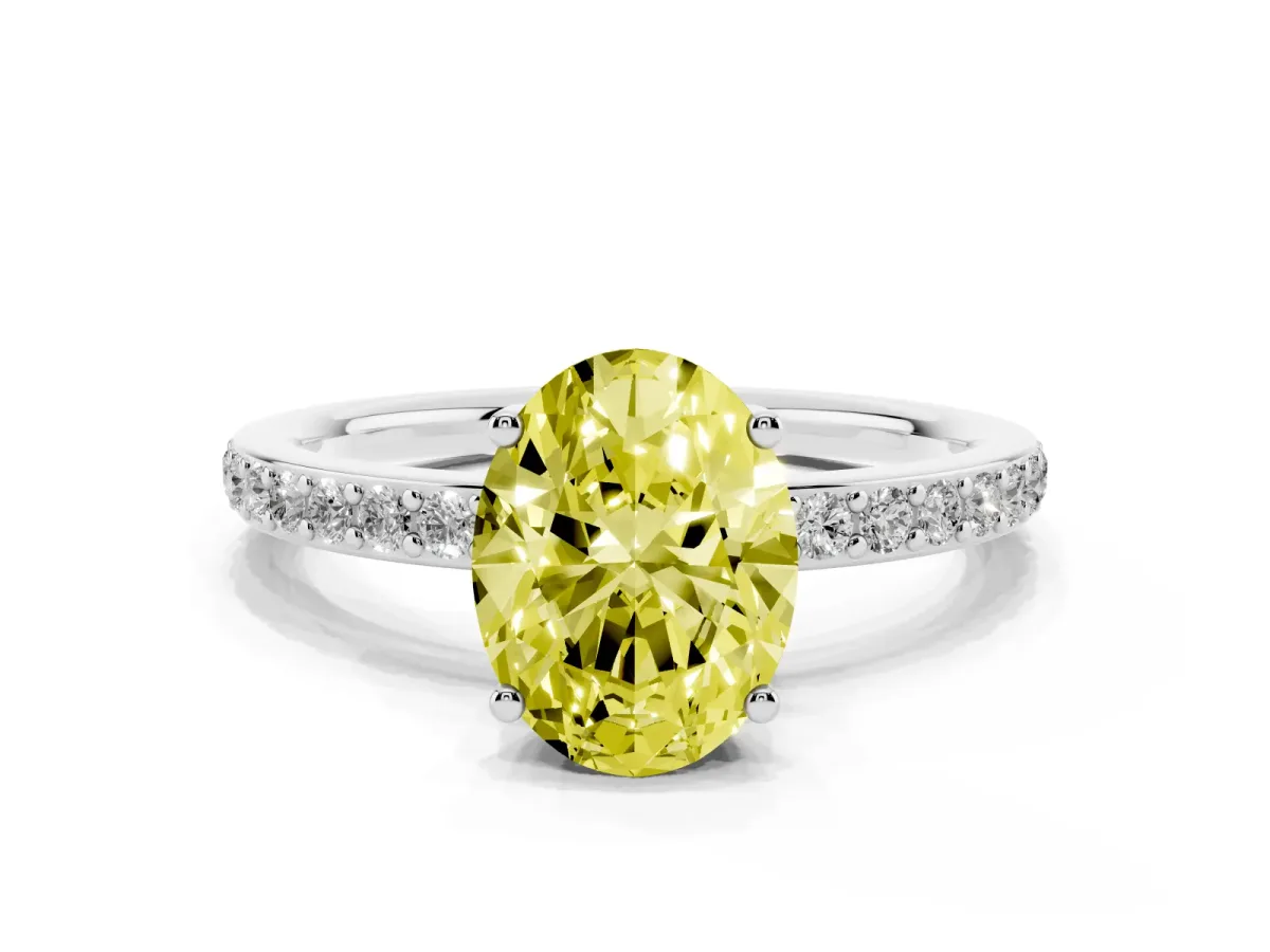 Fancy Yellow Oval Cut Cut Diamond Pavé Band Ring with Four-Prong Setting Silver