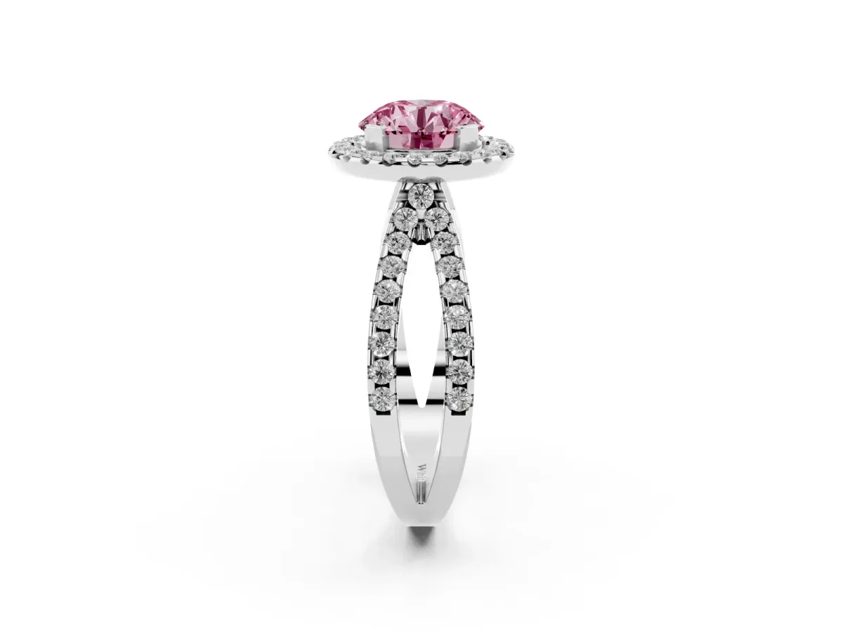 Fancy Pink Round Cut Diamond Halo Ring with Split Shank Pavé Band and Prong Setting Silver