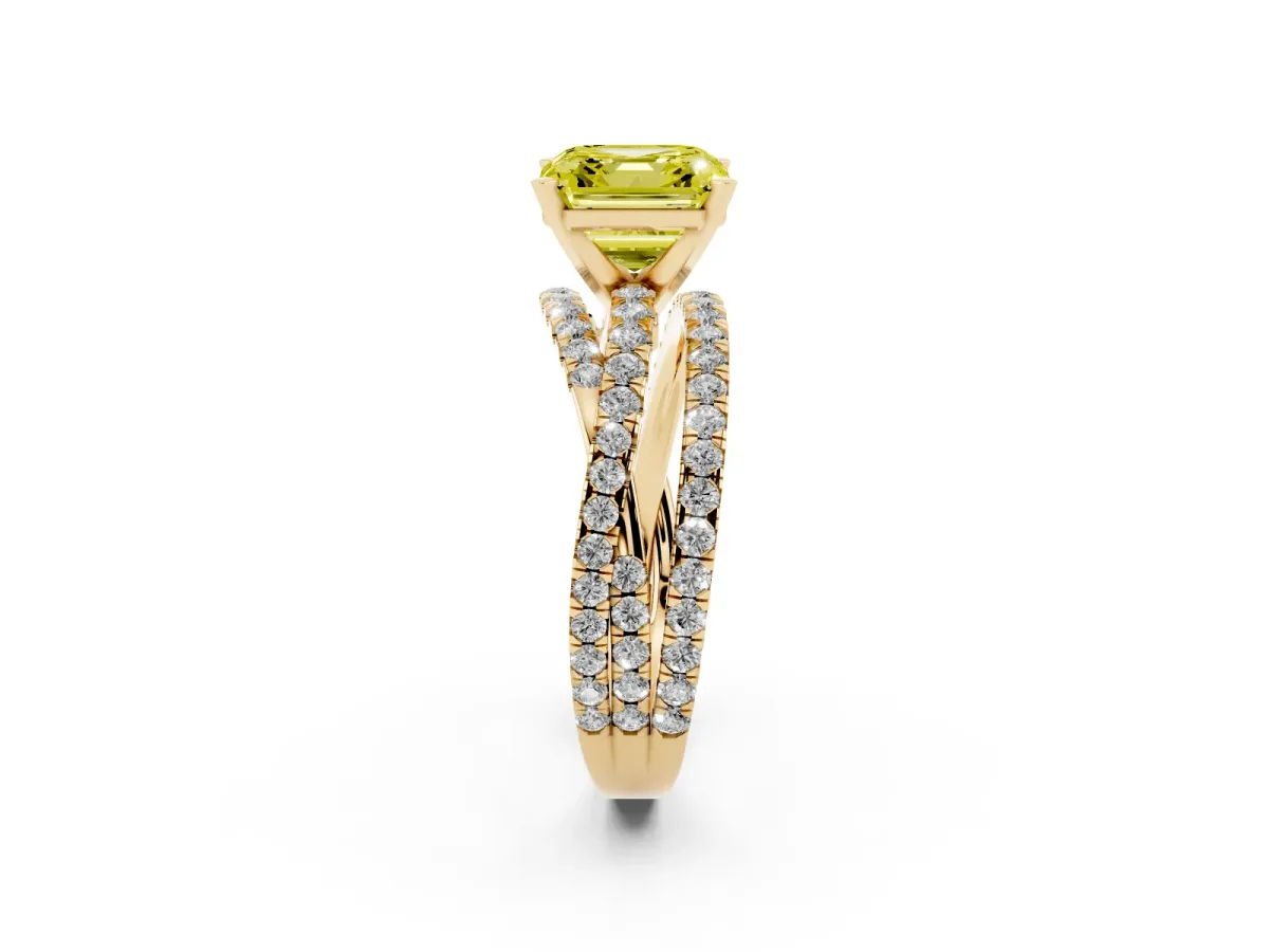 Fancy Yellow Asscher Cut Solitaire Twist Band with Pavé Setting and Four-Prong Setting Yellow gold