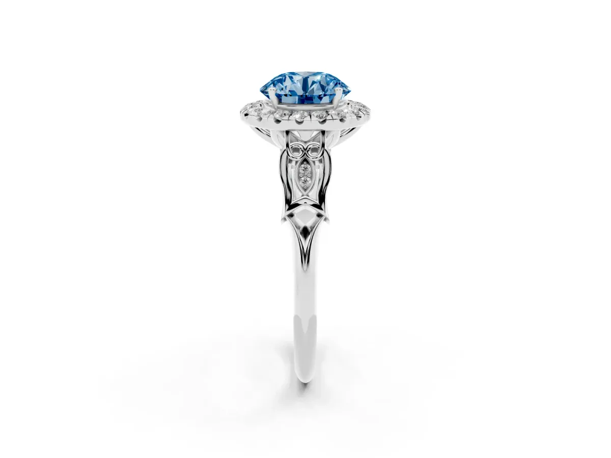 Fancy Blue Round Cut Halo Diamond Engagement Ring with Filigree Band and Four-Prong Setting White gold