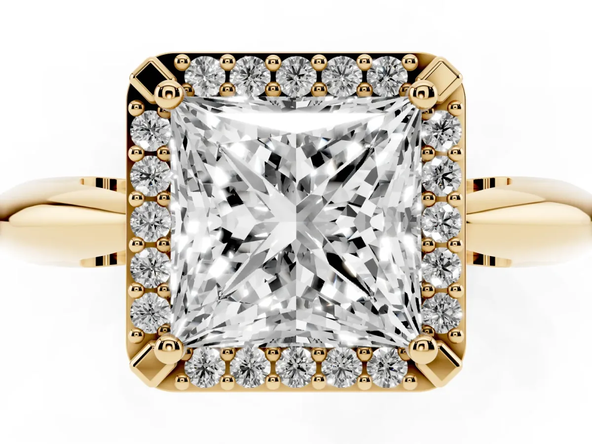Princess Cut Cut Diamond Halo Engagement Ring with Split Shank and Four-Prong Setting Yellow gold