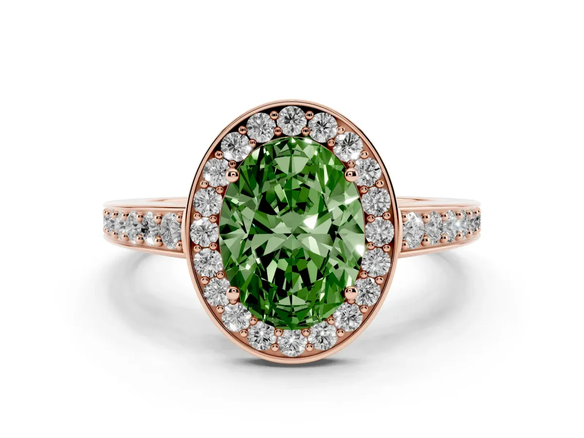 Fancy Green Oval Cut Halo Pavé Diamond Engagement Ring with Bezel Setting Rose gold