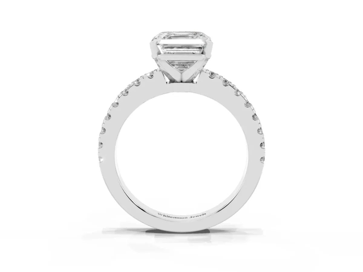 Asscher Cut Solitaire Diamond with Pavé Band and Four-Prong Setting Silver