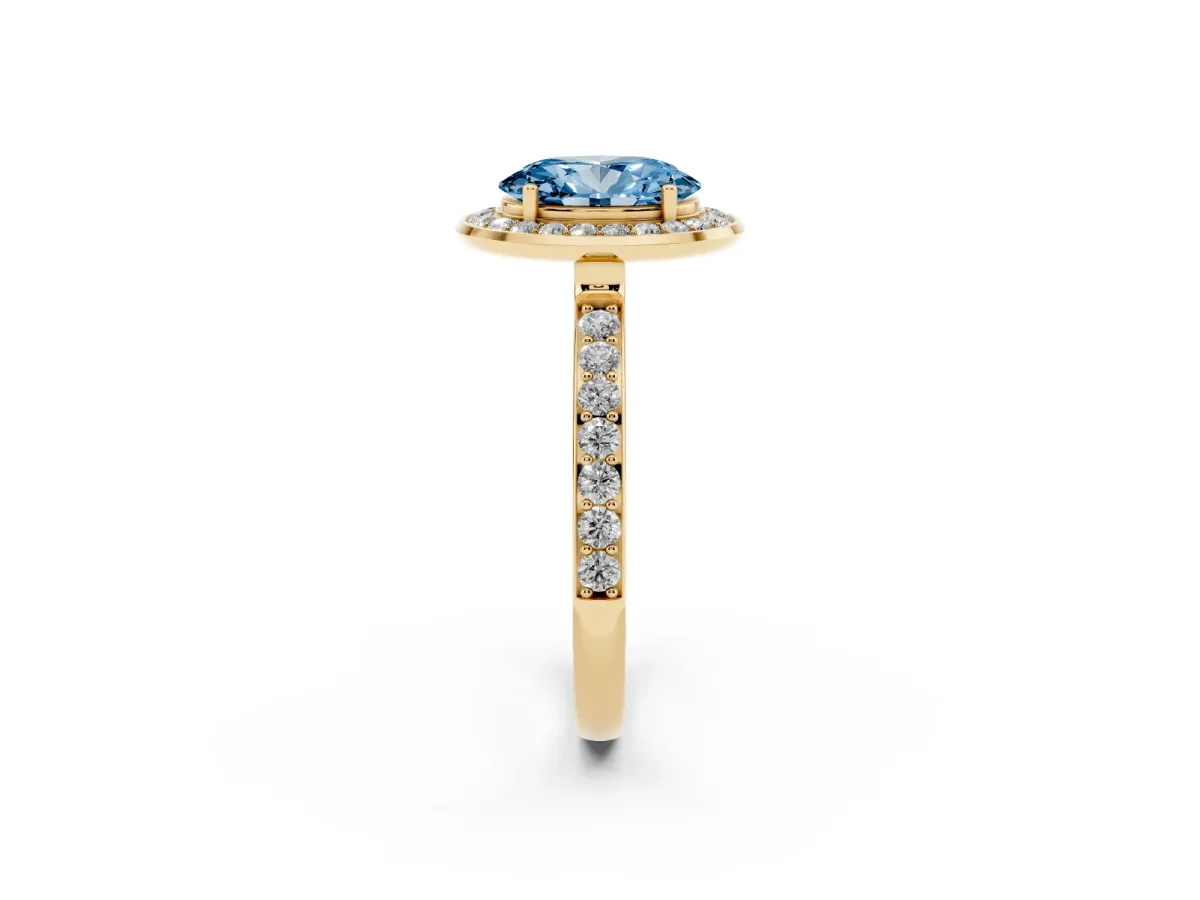 Fancy Blue Oval Cut Diamond Halo Ring with Bezel Frame and Pavé Band Yellow gold