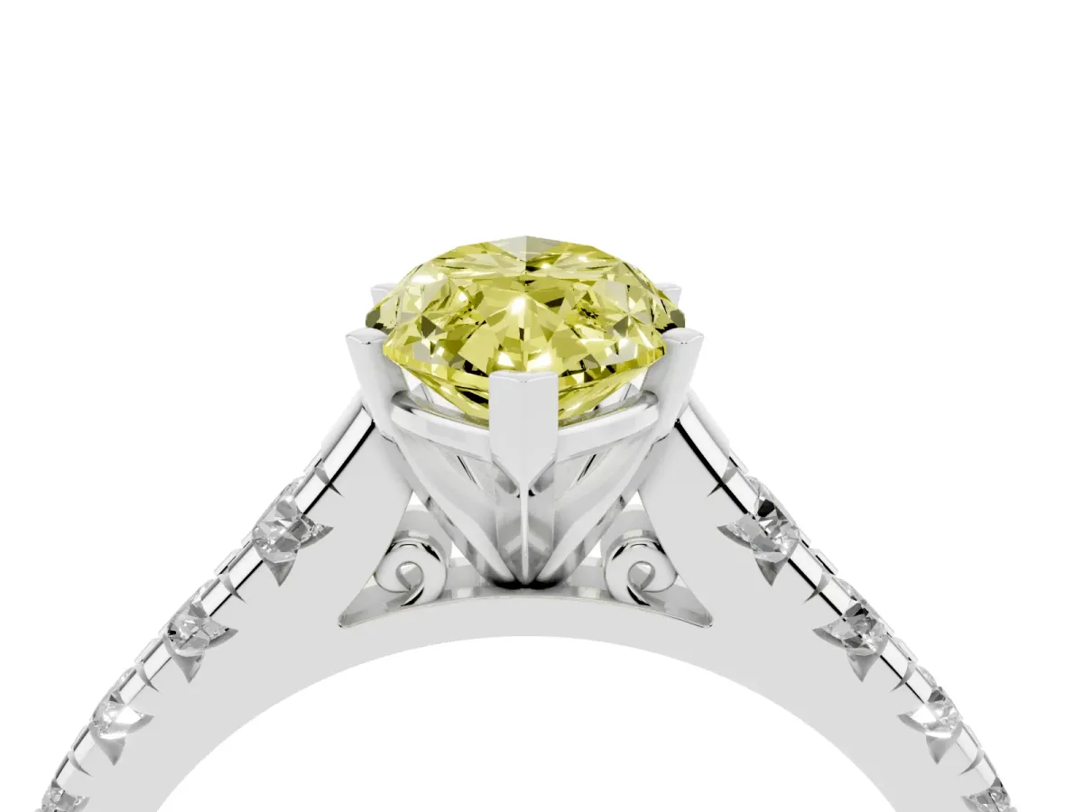 Fancy Yellow Marquise Cut Diamond Cathedral Solitaire Ring with Round Pavé Band Silver