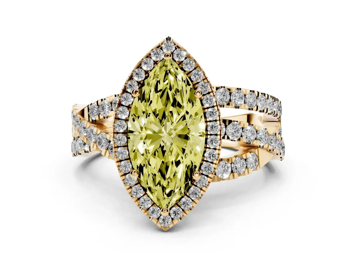 Fancy Yellow Marquise Cut Diamond Halo Ring with Round Split Shank and Prong Setting Yellow gold