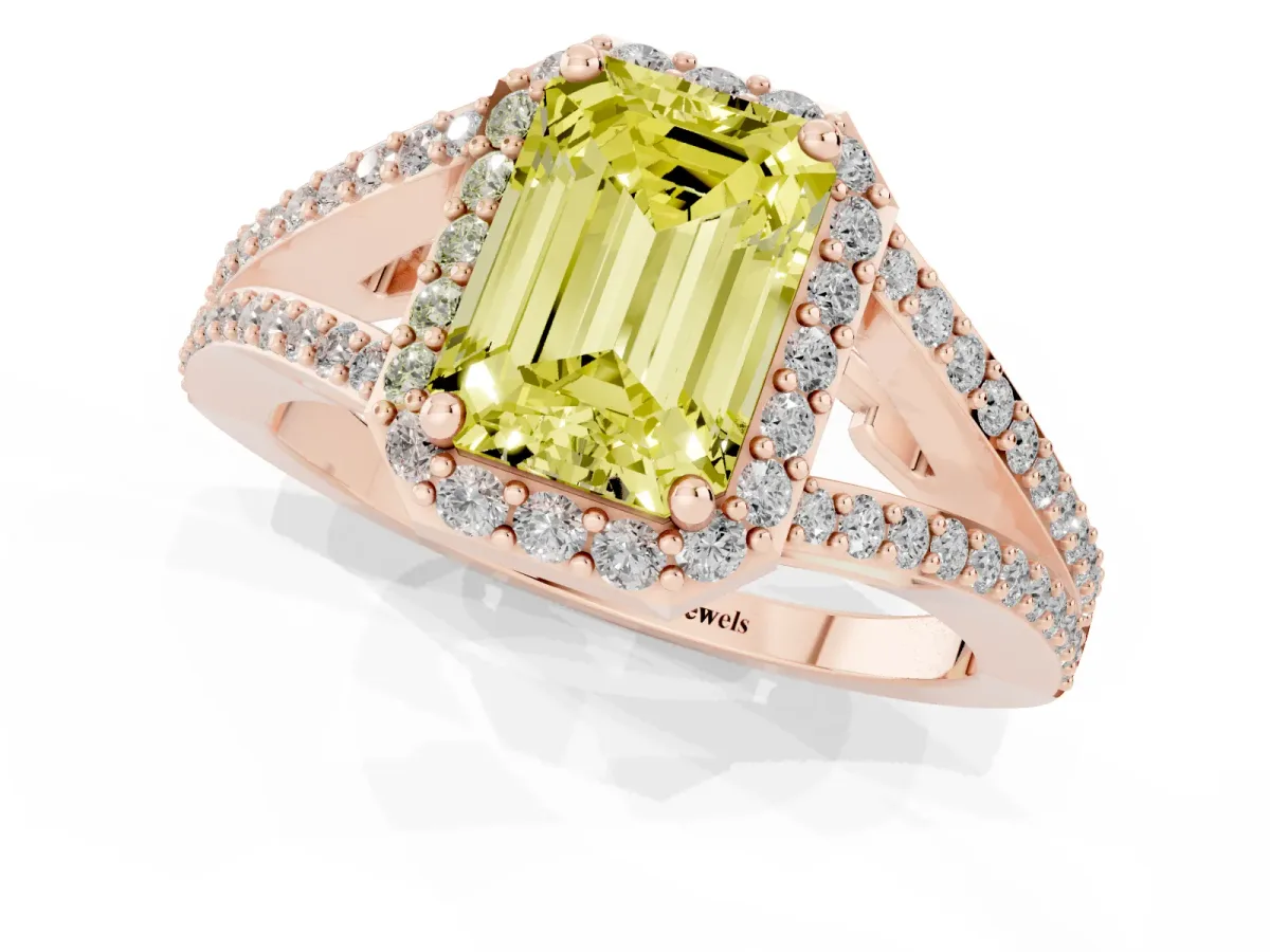 Fancy Yellow Emerald Cut Halo Split Shank Diamond Ring with Prong Setting Rose gold
