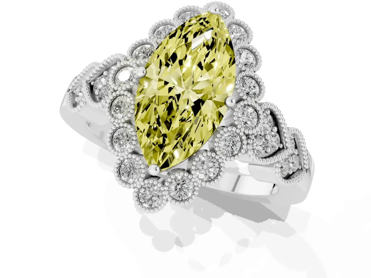 Fancy Yellow Marquise Cut Brilliant Milgrain Pave Heart Band Solitaire Ring Silver