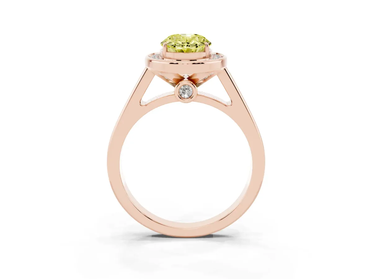 Fancy Yellow Oval Cut Halo Solitaire Diamond Ring with Pave Band and Bezel Setting Rose gold