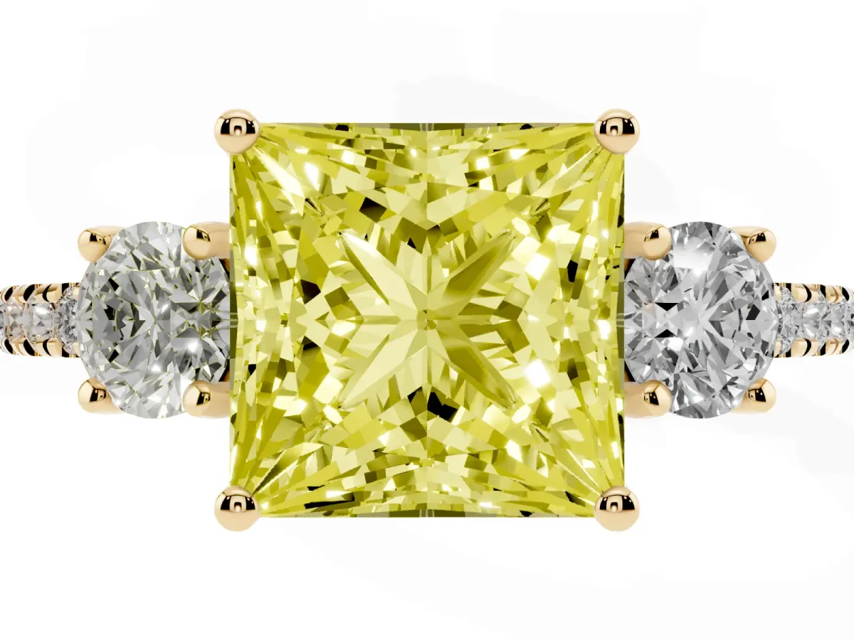 Fancy Yellow Three-Stone Princess Cut Cut Diamond Pavé Band with Prong Setting Yellow gold