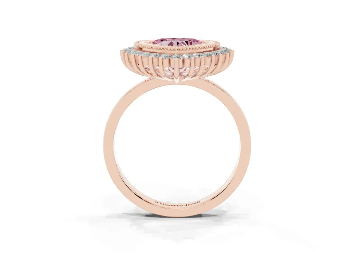 Fancy Pink Heart Cut Halo Diamond Ring with Milgrain Edge and Round Prong Setting Rose gold
