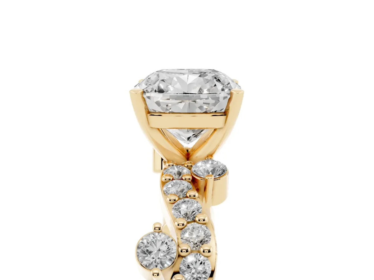 Cushion Cut Cut Solitaire Diamond Twisted Band with Pave Setting Yellow gold